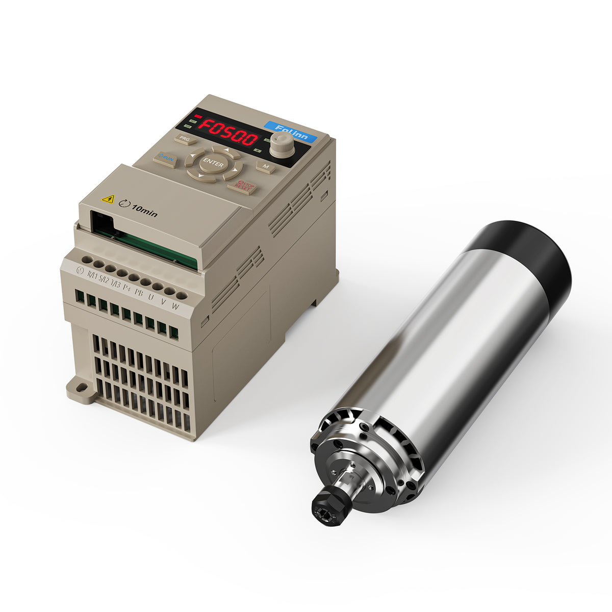 TwoTrees spindle kit image showing a cylindrical spindle beside a separate drive with a display and controls.