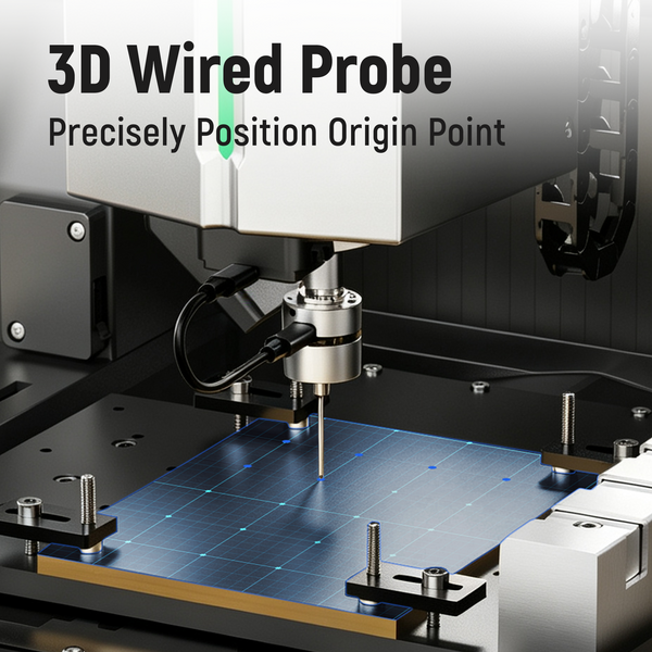 TwoTrees product illustration of the ED1 wired probe contacting a plate held on the machine bed