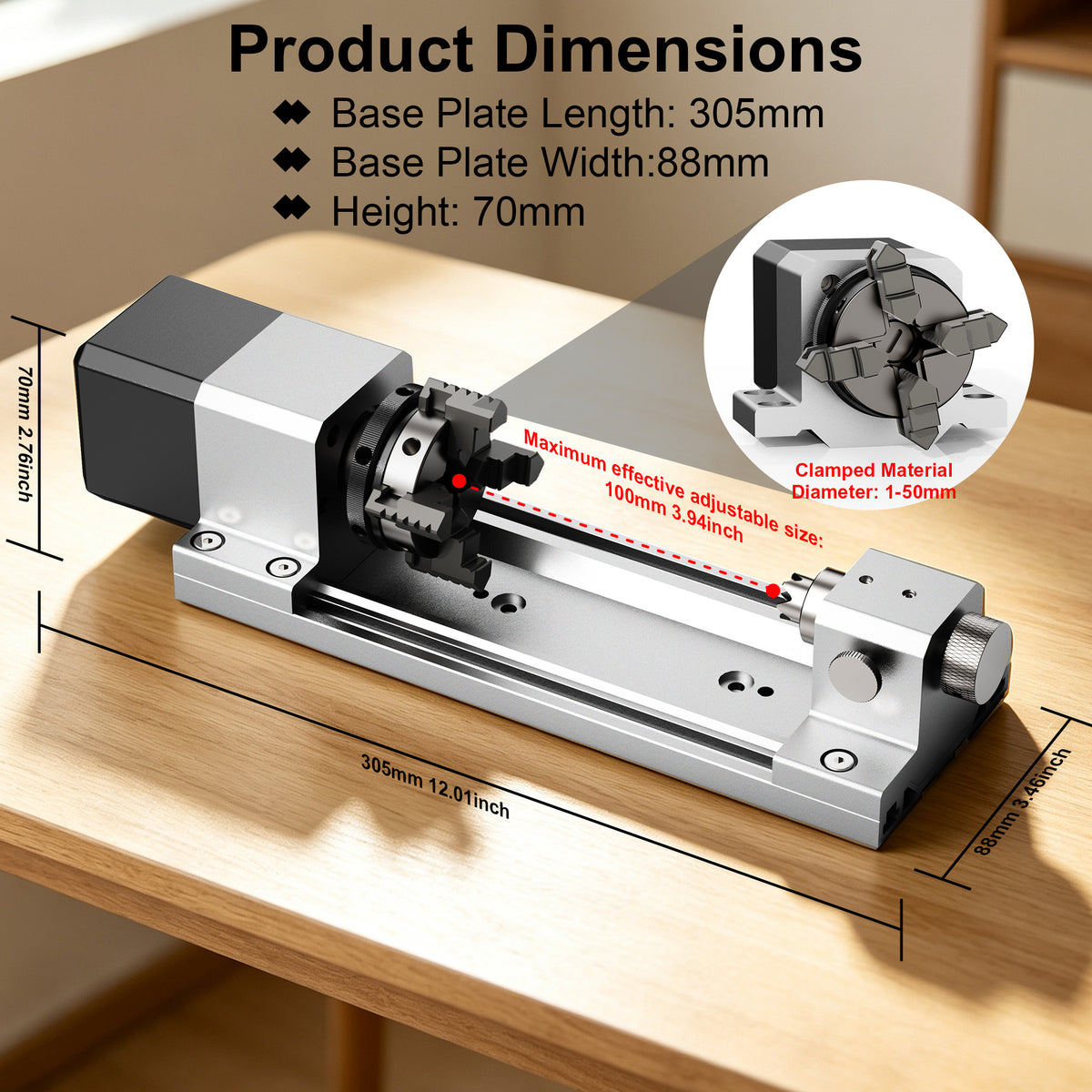 TwoTrees dimension illustration of the ED1 rotary module and its labeled clamping span