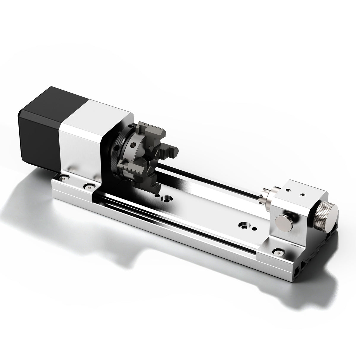 Official ED1 fourth-axis CNC rotary module showing its chuck, base and tailstock support