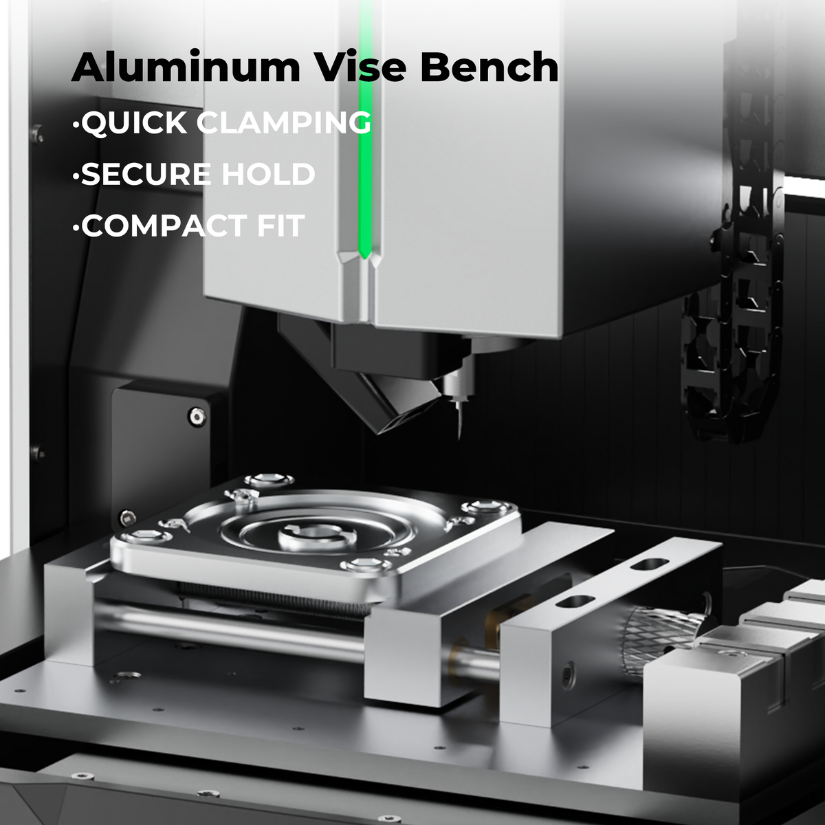 TwoTrees illustration of the ED1 vise holding a rectangular part beneath the CNC spindle