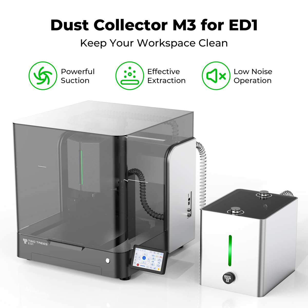 Official illustration of the ED1 desktop CNC router connected to the M3 dust collector
