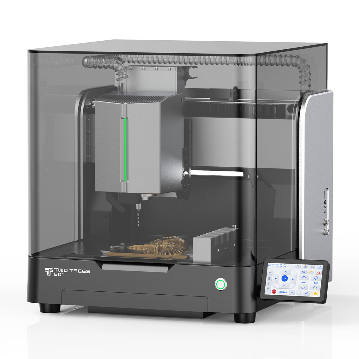 ED1 enclosed desktop CNC router with its work area and touchscreen.