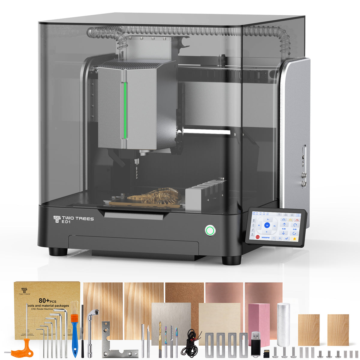 Official TwoTrees ED1 Standard illustration showing the enclosed desktop CNC and starter accessories