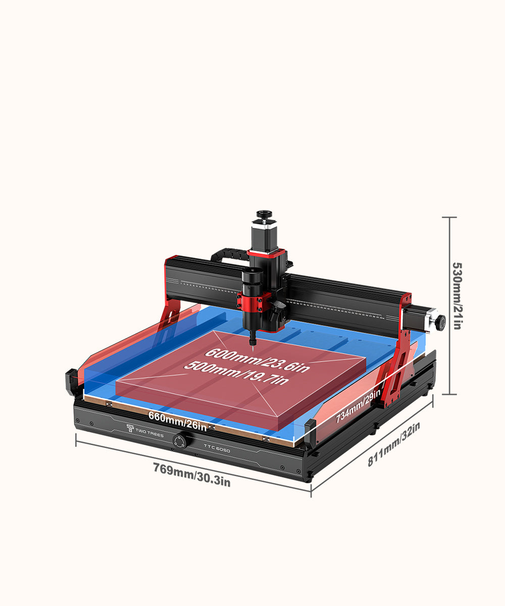 TwoTrees TTC6050 diagram distinguishing its 600 by 500 mm work area from the machine's outside dimensions.