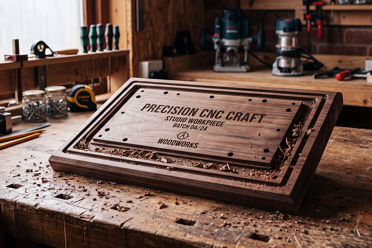 TwoTrees hardwood craft-panel illustration with engraved lettering, a recessed border and holes