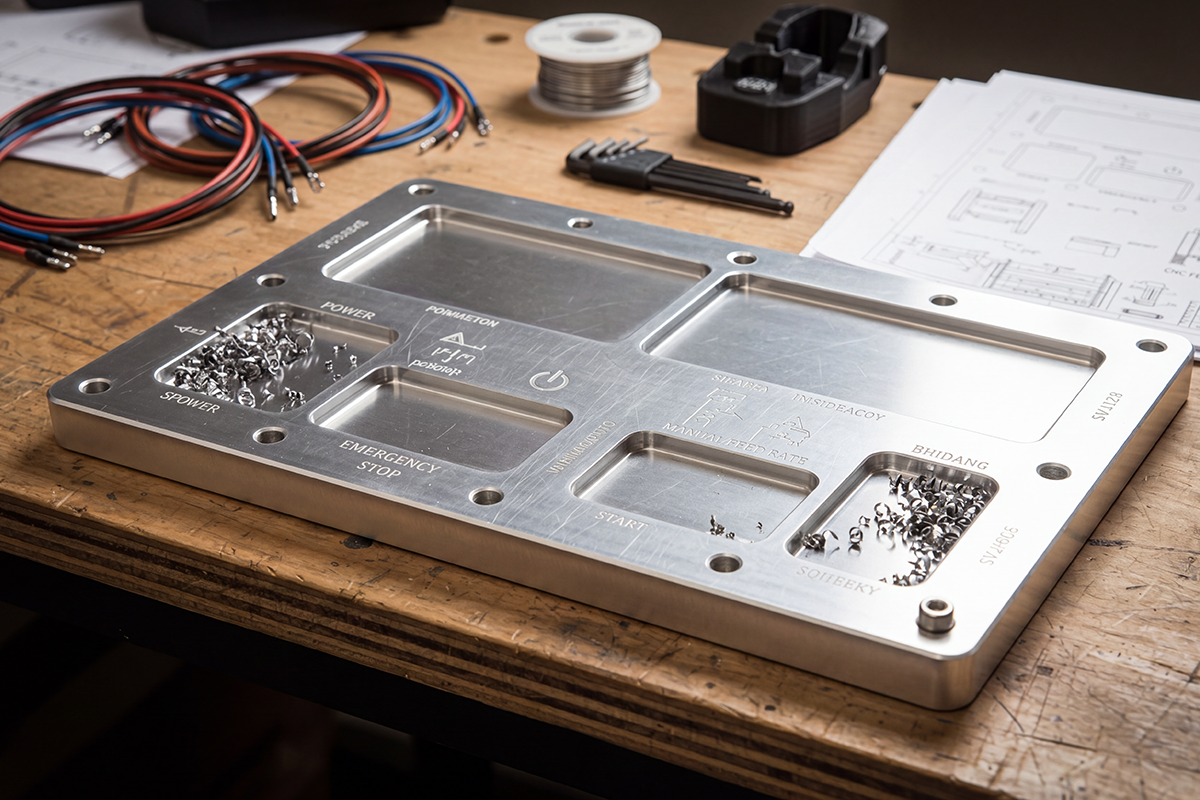 TwoTrees aluminum control-panel illustration with recessed openings, mounting holes and engraved labels.
